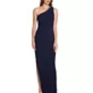 Adrianna Papell One Shoulder Jersey Gown Midnight Blue, Size 10, Beaded neckline